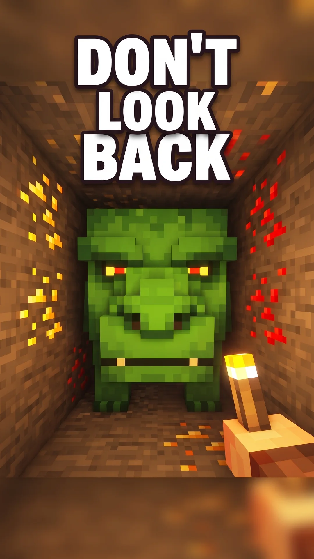 AI-generated Shorts cover: a blocky green monster face fills a torch-lit cave, with DON'T LOOK BACK