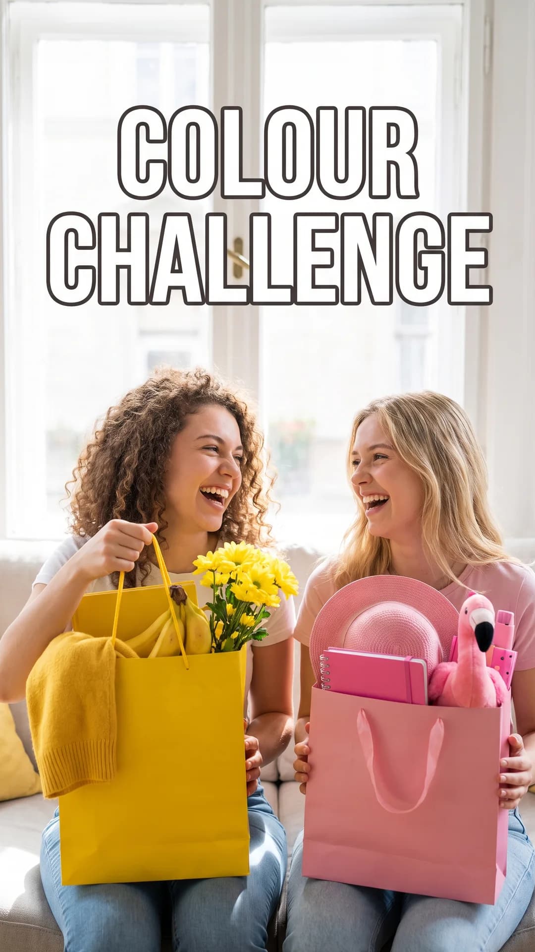 AI-generated Shorts cover: two sisters hold up a yellow bag and a pink bag, with COLOUR CHALLENGE