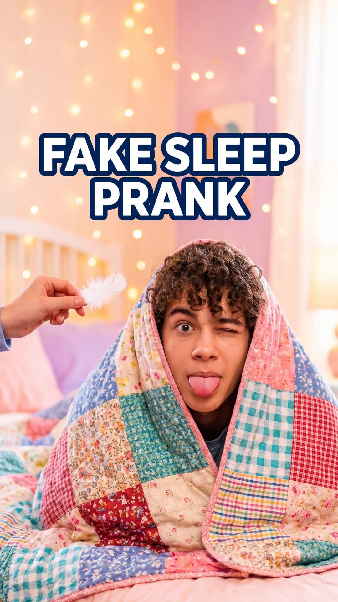 AI-generated Shorts cover: a teenager fakes sleep with one eye open as a feather creeps in, with FAKE SLEEP PRANK