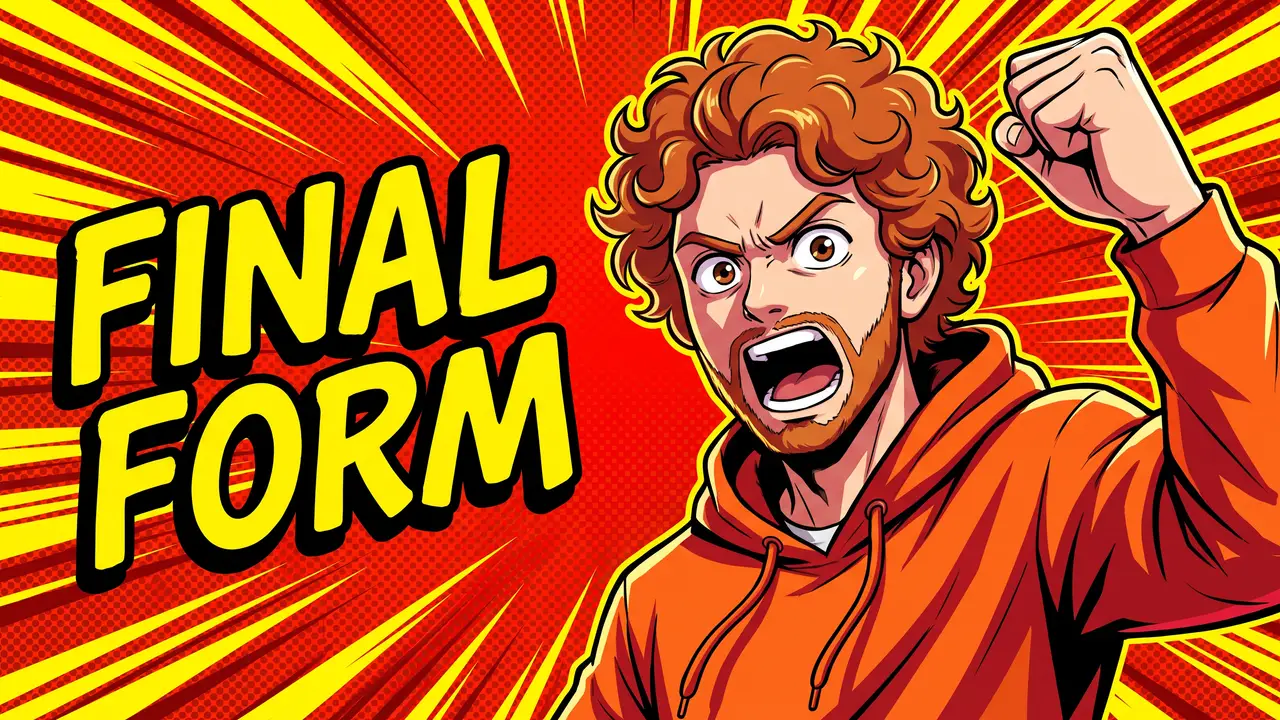 AI-generated anime thumbnail: a curly-haired man in an orange hoodie shouts, fist raised, over red speed lines, FINAL FORM