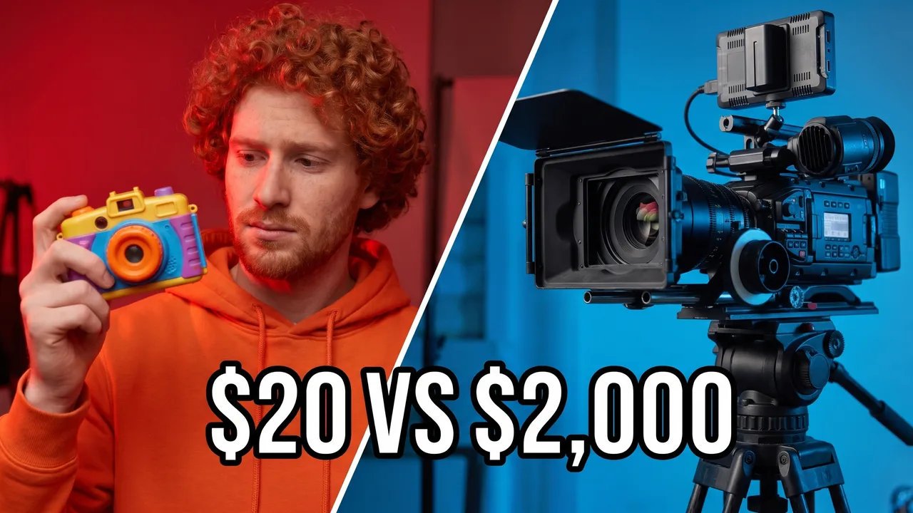 AI-generated thumbnail: a man lit red studies a toy camera, a cinema camera on a tripod in blue light, $20 VS $2,000