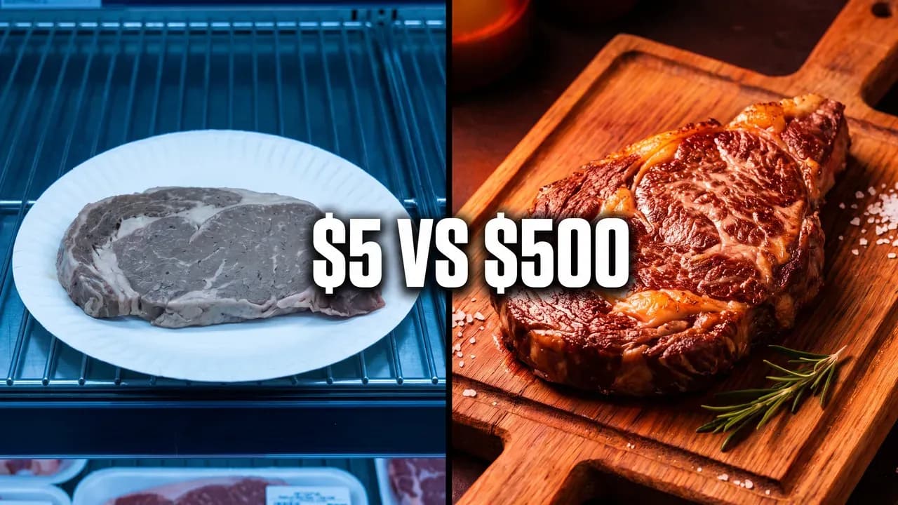 Thumbnail split down the middle: a grey steak on a paper plate in cold blue light, a seared steak on a board, $5 VS $500