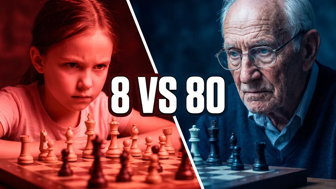 AI-generated thumbnail, diagonal split: a girl lit red and an old man in glasses lit blue over a chessboard, 8 VS 80